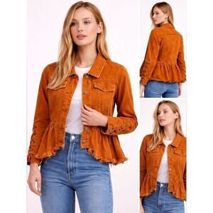 Free People Willow Ruffled Denim Jacket Boho Lace-Up Sleeve Cotton